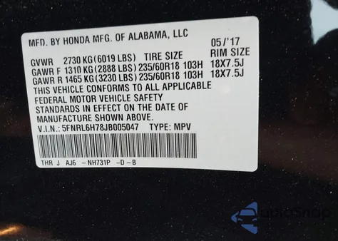 2018 Honda Odyssey Ex-L из США, поврежденный, VIN 5FNRL6H78JB005047